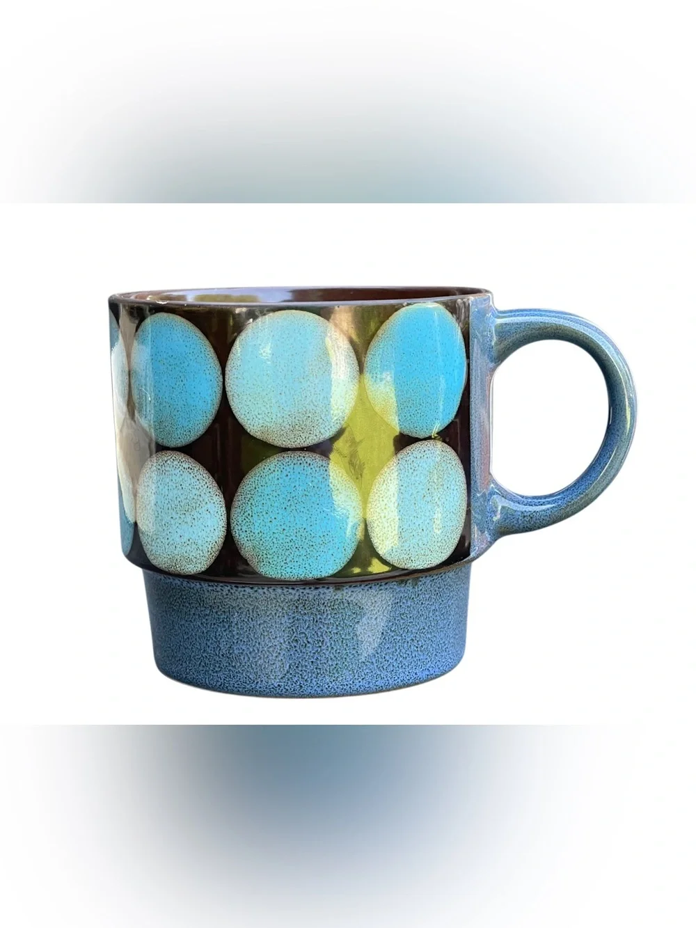 VTG Pier 1 Retro Dots MCM Stackable Stoneware Coffee Mugs Blue Brown EUC
